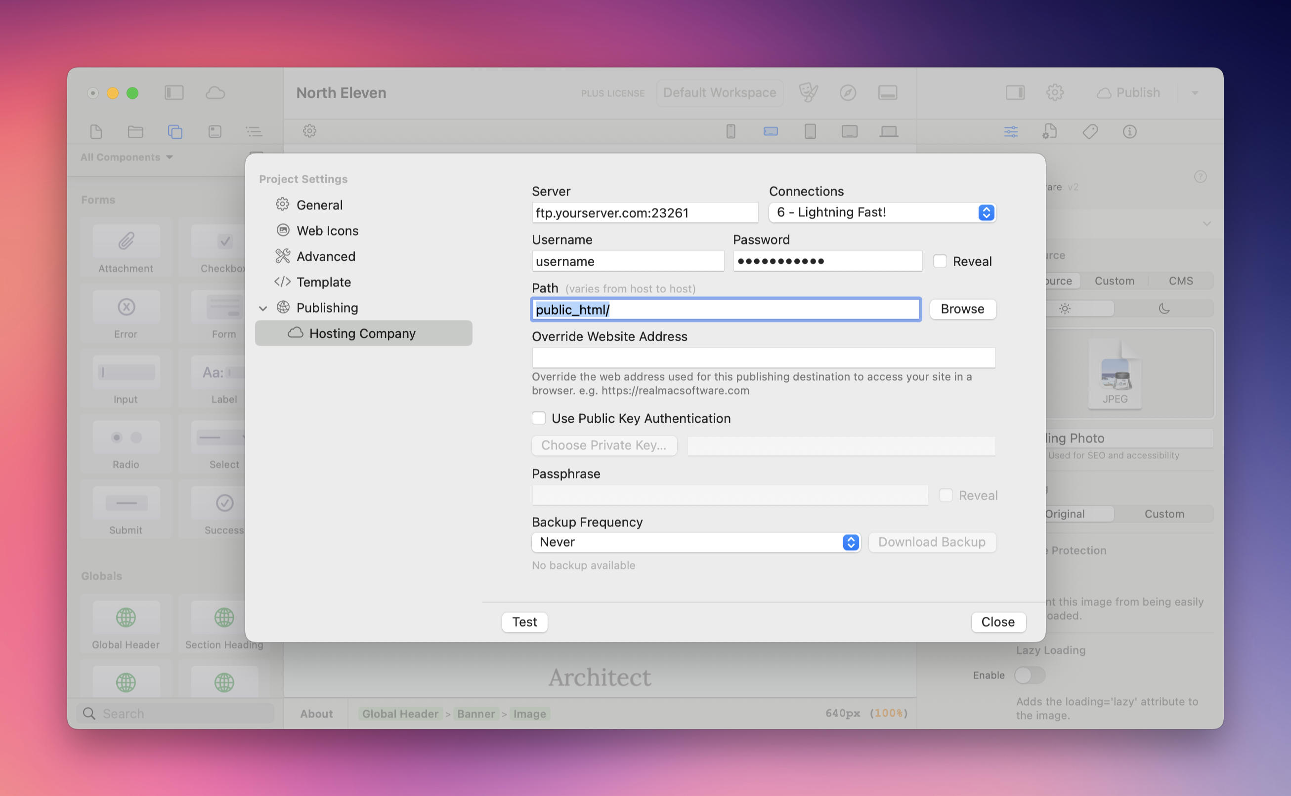 Elements Publishing Setup Window